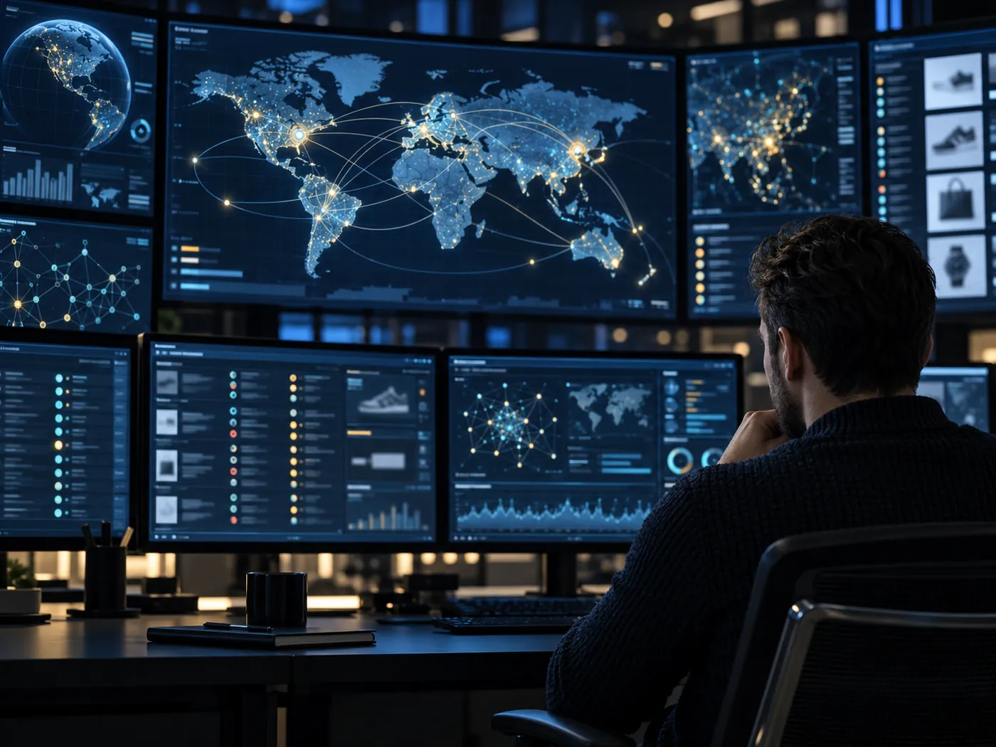 An IP enforcement specialist monitoring a world map of marketplace activity